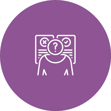 Фиолетовый круг с человечком с вопросительным знаком на голове и двумя листками бумаги за ним с отказом и подтверждением