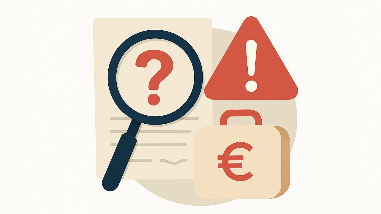 Иллюстрация о том, как распознать невыгодное кредитное предложение - знак предупреждения, лупа и символ евро. Иллюстрация о том, как распознать невыгодное кредитное предложение - знак предупреждения, лупа и символ евро.