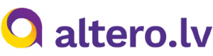Логотип Altero.lv фиолетовыми буквами и желтый акцент в переднем символе-круге