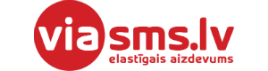 Viasms.lv logo, kur “sms.lv” un piebilde “elastīgais aizdevums” ir ar sarkaniem burtiem, bet “via” ar baltiem sarkanajā aplī