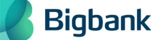 Bigbank.lv logotips melnā krāsā un stilizētu burtu “B” zaļajos toņos
