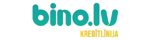 Mājaslapas Bino.lv logotips, kur nosaukums ar ziliem burtiem un apakšā ir piebilde ar dzelteniem burtiem “kredītlīnija”