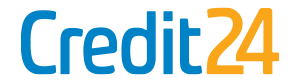 Credit24.lv logotips trīs krāsās – zilajā “Credit”, dzeltenajā “2” un sarkanajā “4”
