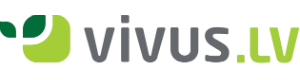 Логотип Vivus.lv, с "vivus" серыми буквами и ".lv" зелеными, впереди стилизованное растение в оттенках зеленого цвета