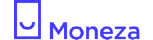 Moneza.lv logotips ar zilās krāsas burtiem un priekšā stilizēts pirkumu grozs